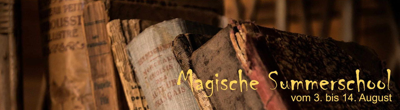 Im Hintergrund zu sehen ist eine Reihe offensichtlich alter Bücher. In gelblicher Schrift ist zu lesen: Magische Summerschool vom 3. bis 14. August