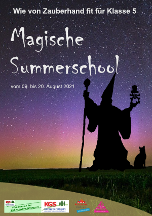 Zu sehen ist das Titelbild des Flyers zur Magischen Summerschool 2021. Vor einem mystischen Nachthimmel ist die Silouette eines Zauberers zu sehen