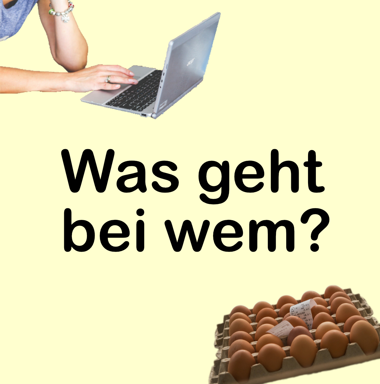 Das Bild zeigt eine Laptop mit einer Hand, die etwas eintippt sowie eine Packung Eier, die vielleicht gerade bestellt wird.