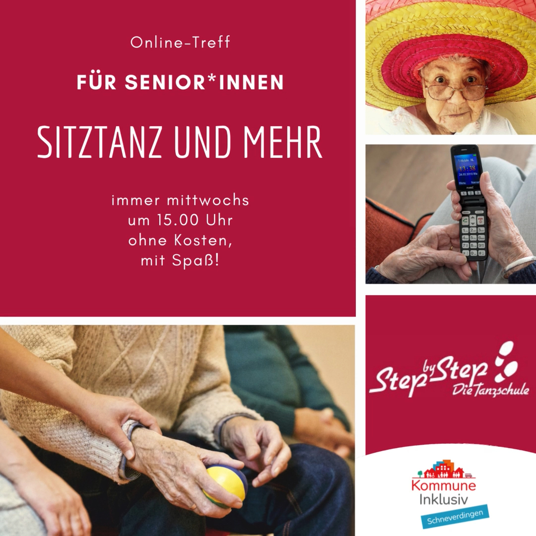 Das Bild zeigt die Werbung für den Online-Serniorentreff, bei dem Sitztanz und mehr geboten wird